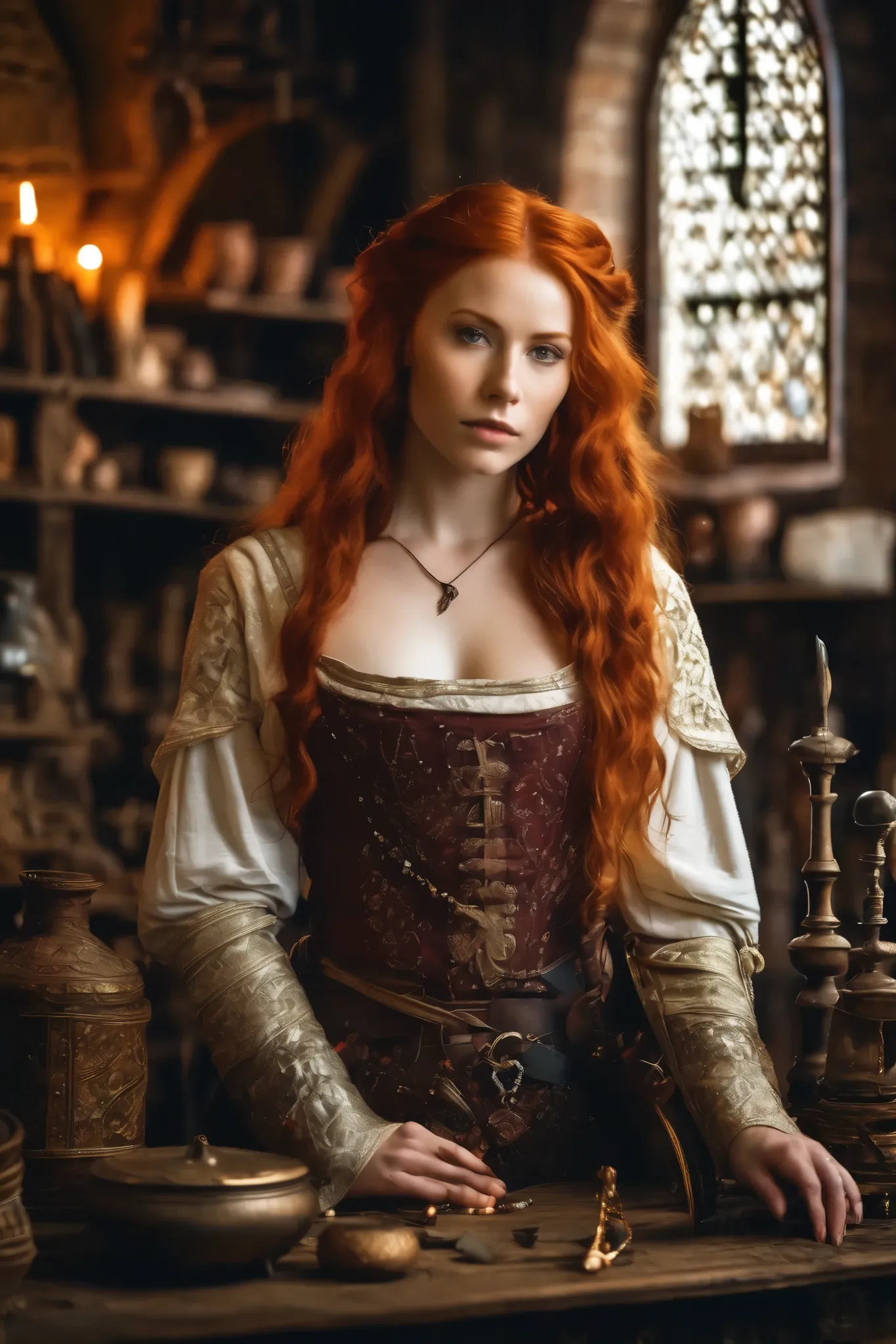  beautiful photo ,  waist up ,   Young female merchant,  red-haired beauty ,  thoracic,   splitting  ,  Detailed background ,  medieval , in her shop,  fantastic items , fantasy, magic,  potions, devices, 22 years old,  Real skin texture , skin pores, deta...