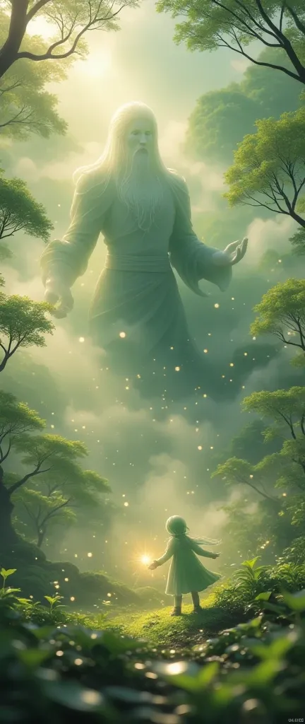 Generate a fantastic scene of a majestic giant emerging from a dense fog in a forest of mystery. Rays of light filter through the treetops , illuminating magical details and an air of wonder

