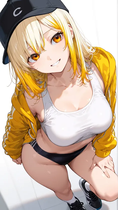 solo,  girl, ( Masterpiece), ( high definition model), (Soft hair:1.7),  very detailed,  anatomically correct,  sling, ( blonde and orange gradation color hair:1.5), Long bob cut hair, ( medium breasts:1.2), [Thick thighs:0.8], fuzzy black and yellow hoodi...