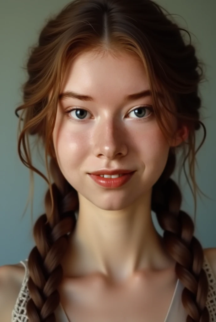 An average woman with brown hair, That are braided like Katniss Everdeen's.  She has beautiful blue eyes and more of a light skin color. She has a more rounded face. She looks directly at the camera