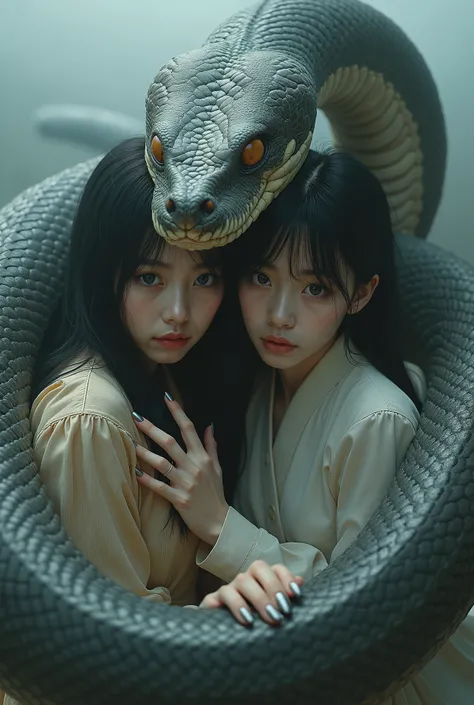 masterpiece, 8k, photorealistic, a large snake tightly wraps around two beautiful Japanese girls in modern outfits, detailed face, the snake is about to eat the girls, foggy space