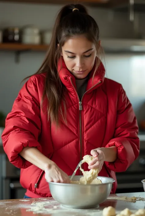  Realistic photo, woman, 25, with brunette hair and ponytail, Stands in the kitchen and stirs dough, Only wear a long red nylon puffer jacket with whipped cream stains