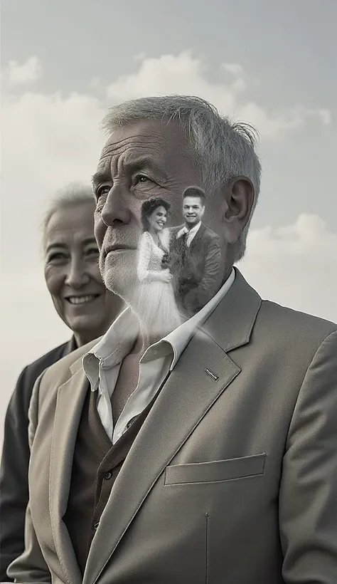 double expose. an old couple with white hair sitting under the sky, lying head on shoulder. in the sky, a close up young couple in wedding outfits smiling at each other