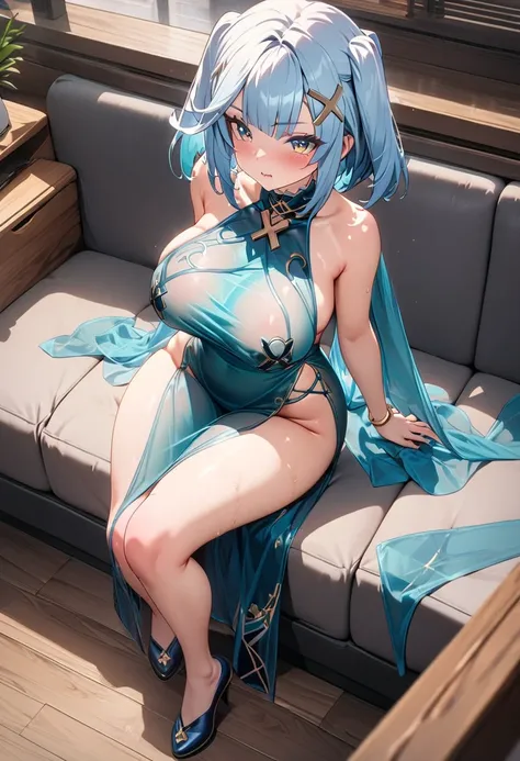 8k, masterpiece, best quality, ultra detailed, Ultra-high resolution, Highly detailed CG, break, 1girl, faruzan\(genshin impact\), kawaii, nsfw, big breasts, slender, (translucent Cheongsam:1.2), full body, indoors, sitting on sofa
