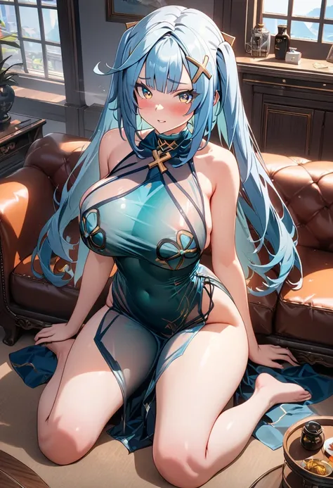 8k, masterpiece, best quality, ultra detailed, Ultra-high resolution, Highly detailed CG, break, 1girl, faruzan\(genshin impact\), kawaii, nsfw, big breasts, slender, (translucent Cheongsam:1.2), full body, indoors, sitting on sofa
