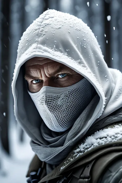 Dramatic portrait of Simo Häyhä, the legendary Finnish sniper, (photorealistic, 8k, highly detailed), wearing a pristine white assassin's creed-style hooded cloak with face covering that reveals only his piercing eyes, side profile view facing towards the ...