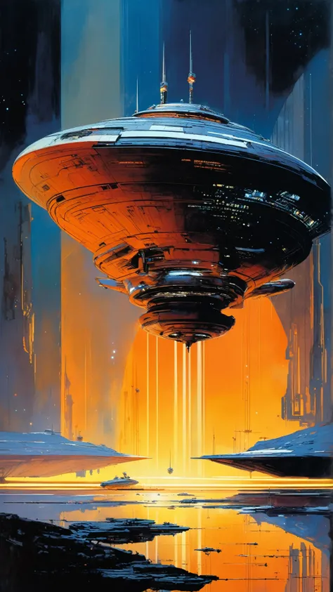 Masterpiece, highest quality, very detailed, absolute resolution, high resolution, highest quality, 8K, John Harris and syd mead Style, minimalist style - A intergalactic Spaceship flying in the deep dark galaxy ,John Berkey 