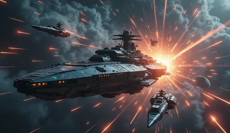 In the vast space, the warships emerge like steel beasts, defying death in a spectacle of cosmic destruction.  Giant ships dominate the battlefield .  Their surfaces twinkle in silver and iron , reflecting distant stars ,  blades as their angular shapes cu...