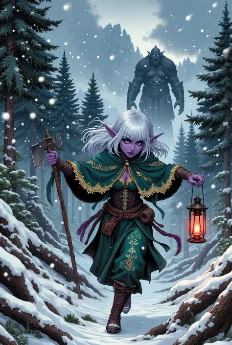 (Ultra-detailed face, Looking away, Gothic Illustration, Dark tone colors. She has five fingers on her hands and five toes on her feet.), BREAK 
(The composition looks up from the ground to the sky, a frozen forest in the extreme cold north end, a conifero...