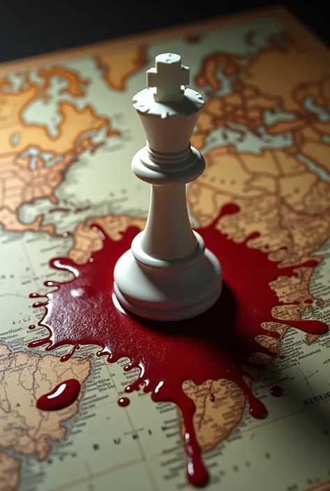 The white chess king lies on the world map in blood