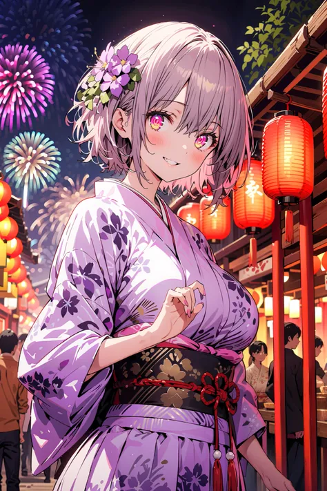 Red root heart , Red Eye Glasses, light purple hair,  pink eye,  short hair,flower hair ornament, smile,blush, close your mouth, big breasts,Purple flower pattern kimono , long skirt, is standing,,Japanese stalls ,Red Lantern,  fireworks, fireworks display...