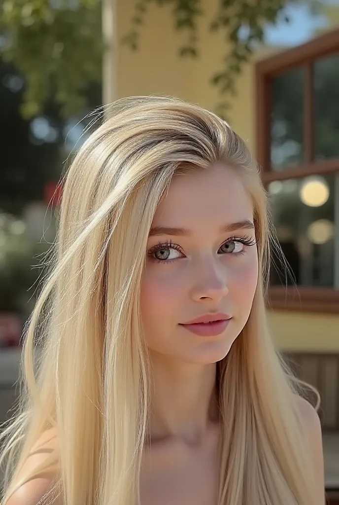 Une jeune adolescente blonde avec des longs cheveux soyeux, parfaits, et extrêmement brillants. Elle a les cheveux très raides et lisses. Elle a les cheveux détachés. Les cheveux sur le côté. 