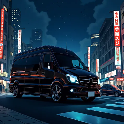 black van car parked on the street side in japanese city night, view on rear car on anime cartoon style