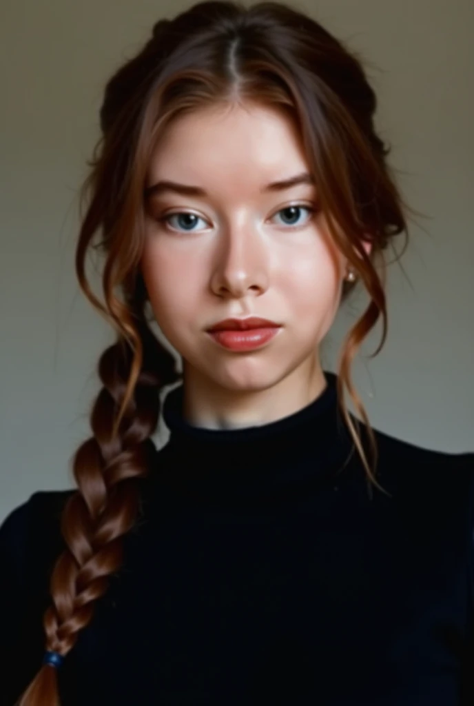 An average woman with brown hair,  that are braided over the left shoulder like Katniss Everdeen's. She has beautiful , deep blue eyes and more of a light skin tone. She has a more rounded face. She looks directly at the camera and wears a black tight-fitt...