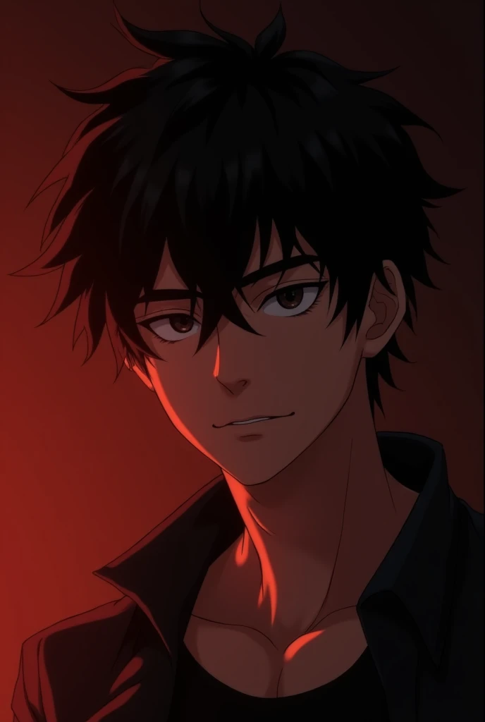 A cartoon anime charcter man with a handsome face and dark, tousled, slightly wavy, messy strands framing his face and a  lighting in this image has a warm, moody, and dramatic effect. It appears to be a soft, diffused red or amber light source, casting a ...