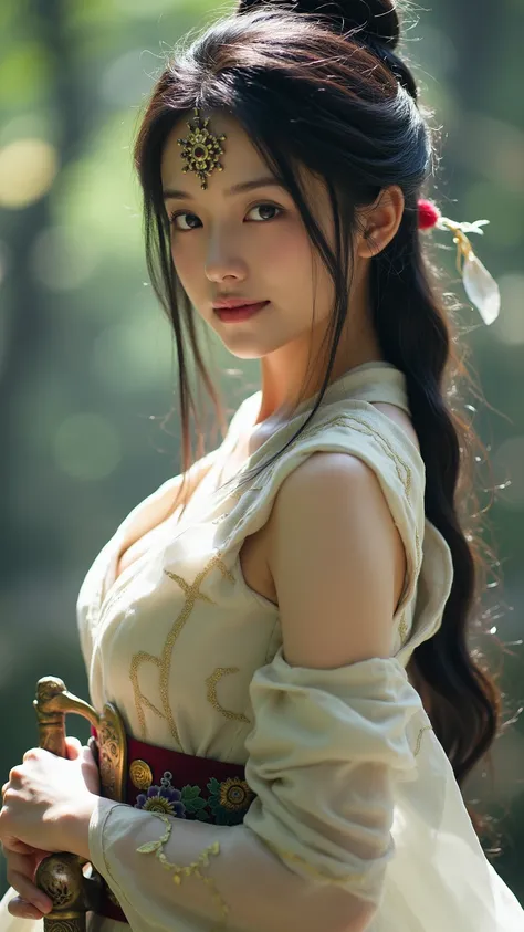 4K Raw photo.
A beautiful young Japanese woman standing in a fantasy world.
She is lightly made up and has a fearless smile on her face.
She is wearing transparent armor on her bareskin.
She wears a forehead patch of the same color as her armor and holds a...