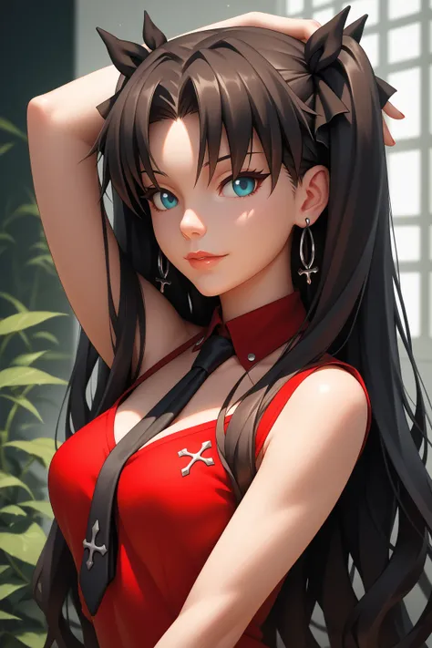 Anime girl wearing a red shirt and black tie taking a photo, Jan J, extremely detailed  ART GEL , Tohsaka Rin,  ART GEL  jsc, guweiz style art,  Beautiful Digital Art ,  ART GEL .  high detail on the face, range murata and  ART GEL , style  ART GEL , ig mo...