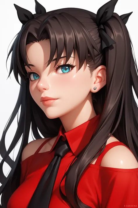 Anime girl wearing a red shirt and black tie taking a photo, Jan J, extremely detailed  ART GEL , Tohsaka Rin,  ART GEL  jsc, guweiz style art,  Beautiful Digital Art ,  ART GEL .  high detail on the face, range murata and  ART GEL , style  ART GEL , ig mo...