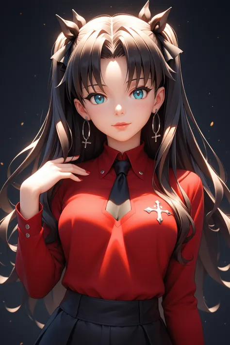 Anime girl wearing a red shirt and black tie taking a photo, Jan J, extremely detailed  ART GEL , Tohsaka Rin,  ART GEL  jsc, guweiz style art,  Beautiful Digital Art ,  ART GEL .  high detail on the face, range murata and  ART GEL , style  ART GEL , ig mo...