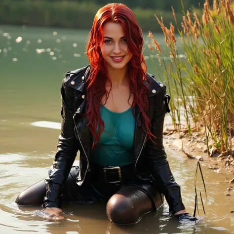   Beautiful elegant woman,  red hair, dressed in a black leather jacket With studs, turquoise , black leather skirt with belt, dark pantyhose, ankle boots. Sits in the water on the sandy shore of the lake ,  blouse overgrown with sedge . bent her knees.  w...