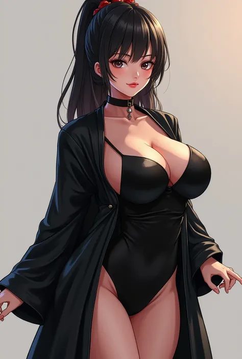 Draw an anime woman wearing a shiny black robe,  huge breasts, big butt, 