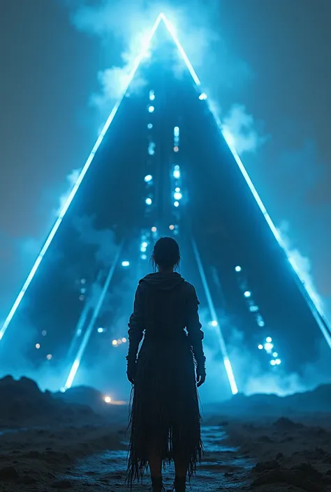 futuristic black pyramid, two focused pulsating colors: white and blue, glowing blue white, pulsating electrically glowing power plant, futuristic pulsating glow eminating from cyber punk megalithic building, divits in the metal curus of the steel power pl...