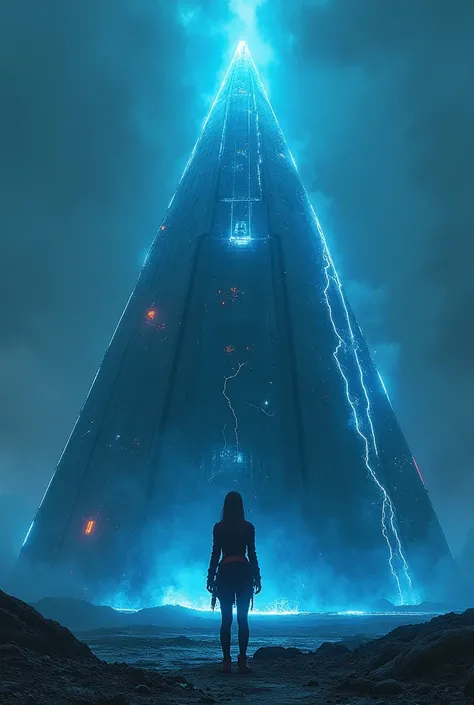 futuristic black pyramid, two focused pulsating colors: white and blue, glowing blue white, pulsating electrically glowing power plant, futuristic pulsating glow eminating from cyber punk megalithic building, divits in the metal curus of the steel power pl...