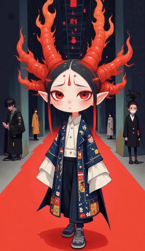  let Nacha and Ao's family go on the catwalk on the same stage，The runaway Cha in a suit was very cool ，A fashion show featuring a Chinese animated character Nezha, with big watery eyes, (flame tied hair: dark red short hair bursts upwards like a burning f...