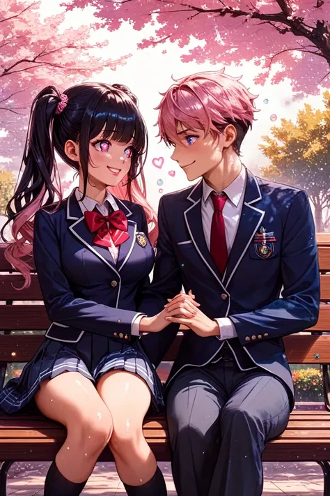 masterpiece, best quality,1 
girl,1 boy,face each other and look at each other, hold hands, holding hands with fingers intertwined,
 (1 girl,beautiful, Adult-like
,sexy,navy blazer, navy pleated skirt, collared shirt, tie a red bow,school uniform, busty ,f...