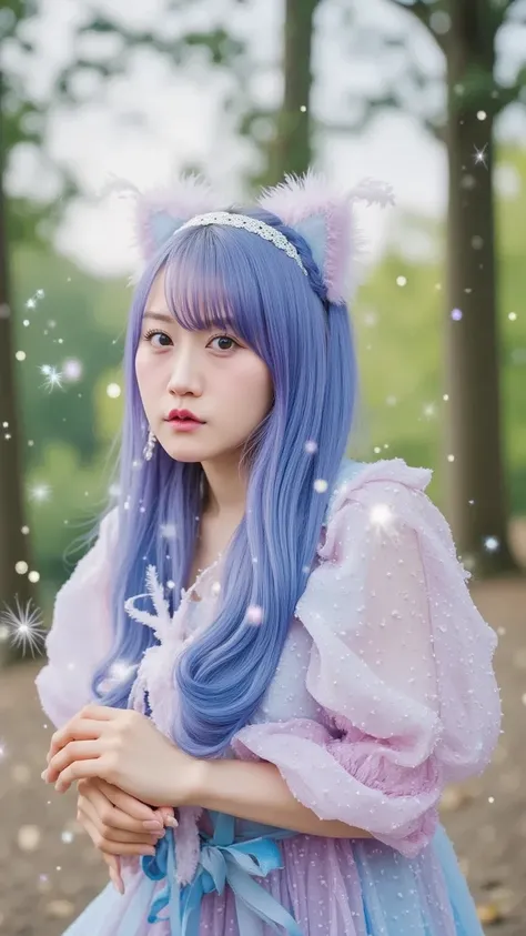 "An enchanting scene featuring a woman with fluffy fur and cat ears, surrounded by a mystical, glowing aura. The woman has long flowing hair, dressed in a whimsical outfit, and stands in a serene forest or magical landscape. Soft, ethereal lights and spark...