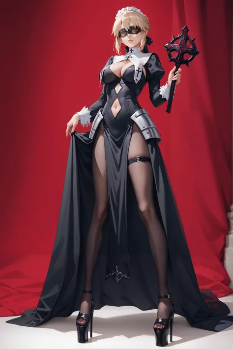 （ stands，whole body:1.7),ruanyi0847,bodysuit,breast curtains,dress,nun,pantyhose,pelvic curtain,HoleHeels，Hole platform/ oval/ Circle Heels，Heels ，saber alter,  Artoria Pendragon (fate), blonde hair, yellow eyes, french braid, braided bun, single hair bun,...