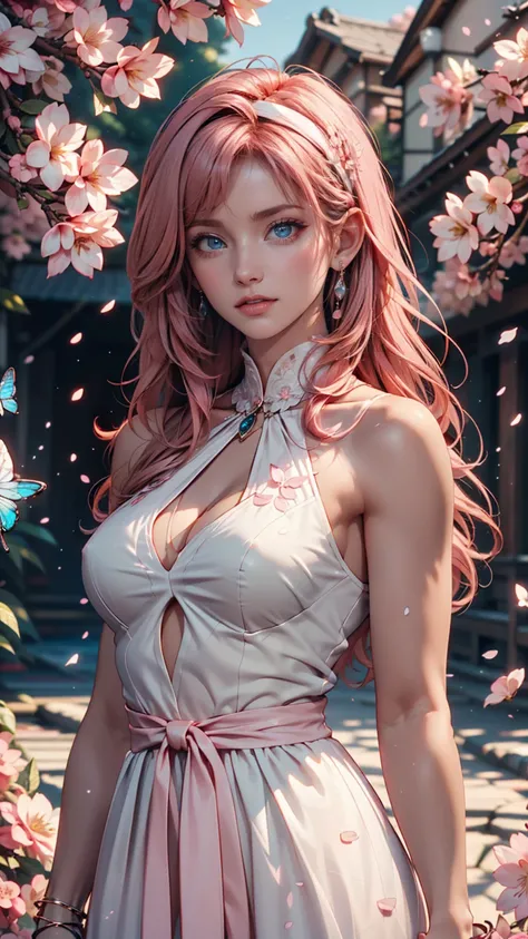 (CG Unity 8K wallpaper very detailed) ( better quality ) (Better lighting) (an extremely delicate and  beautiful) (floating) ( beautiful) ( spring vibe) ( 1 girl) ( long pink hair), ( headband), (detailed and  beautiful blue eyes), (( very short white dres...