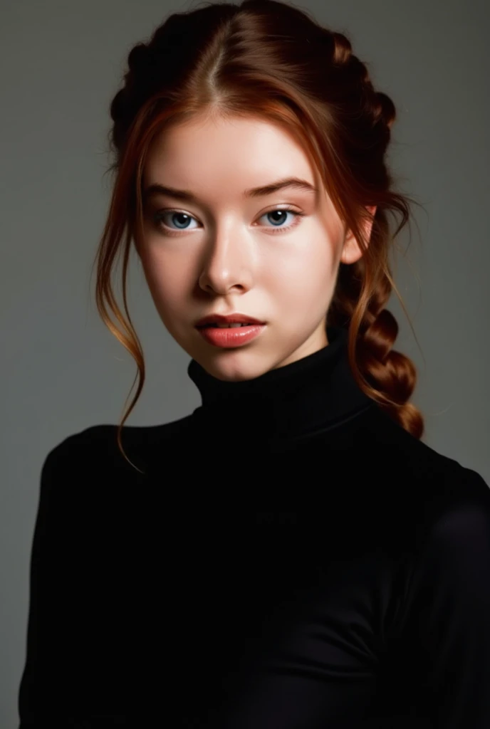 An average woman with brown hair,  that are braided over the left shoulder like Katniss Everdeen's. She has beautiful , deep blue eyes and more of a light skin tone. Soft pink lips. She has a more rounded face.  She looks directly into the camera with a wa...