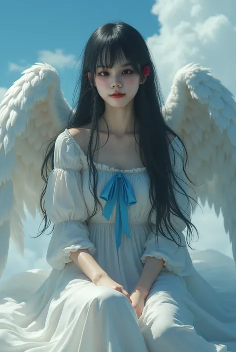 1 girl,Fujifilm、Realistic、19 year old girl, very long black hair, hair length reached waist, wearing blue lolita dress, ribbon, bow, pale white skin ,angel,Angel wings,Halation,white tunic,Languid,sluggish,empty eyes,bored,,sigh,half-closed eyes,sharp eyes...