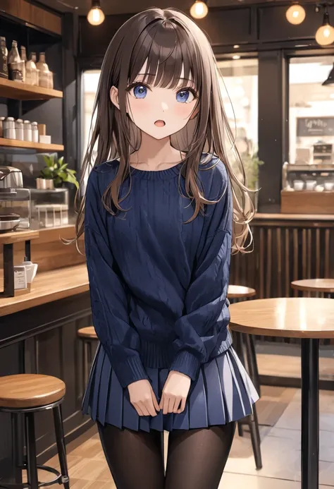  Masterpiece,  top quality,  1 girl, hand between legs, solo,  small breasts, Dark blue eyes,  brown hair, bangs,  long hair,  from the front,   casual、Navy Blue Knit Sweater、Midi box pleats skirt, Black pantyhose、 Read more, Cafe、Standing Open Mouth , 