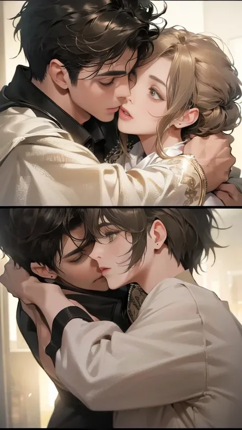 (best quality,4K,8k, highres,masterpiece:1.2),ultra-detailed,(realistic, photorealistic,photo-realistic:1.37),intricate details,natural lighting,warm tones,cinematic composition,( one male, one woman), couple, two are hugging each other , Two people kissin...