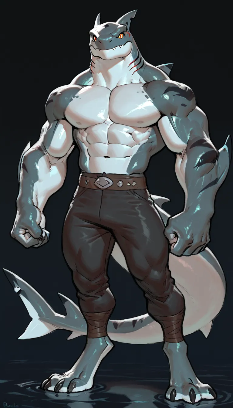 sharkman, anthro megalodon, darker hands and fins, black back, solo, big arms, bara, detailed skin, lizard shark hybrid, anthro, closed mouth, detailed shark skin, scalie arms, fins on arms, gray color body, beefy, thick scales on arms, digitigrade legs, 3...