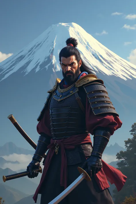 Samurai holding katana high with his face turned towards me in front of Mount Fuji
