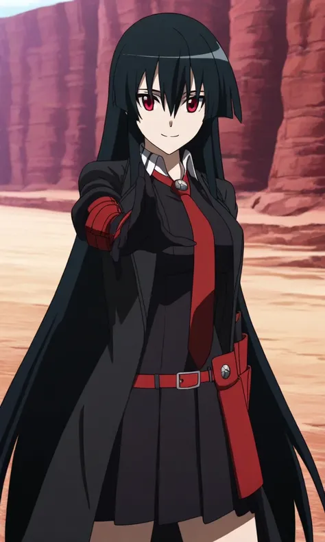 masterpiece, best quality, high resolution, absurdres, 1girl, akame, red_eyes, black_hair, very_long_hair, hair_between_eyes, medium_breasts, black_shirt, collared_shirt, pleated_skirt, black_skirt, red_belt, red_necktie, vambraces, elbow_gloves, black_glo...