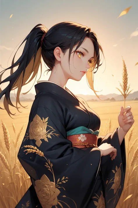   A girl in a kimono is standing up to her waist in a wheat field,  a black kimono with a gold rim , Her hair is in a ponytail ,  yellow eyes, The sunset in her eyes, The light hits her face, Half landscape orientation to the camera