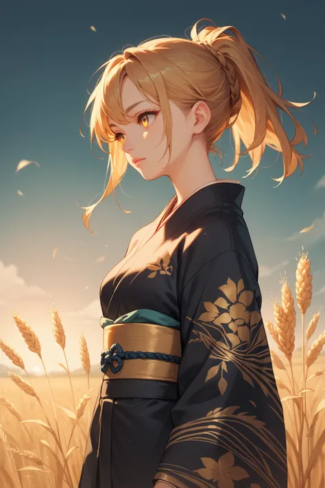   A girl in a kimono is standing up to her waist in a wheat field,  a black kimono with a gold rim , Her hair is in a ponytail ,  yellow eyes, The sunset in her eyes, The light hits her face, Half landscape orientation to the camera