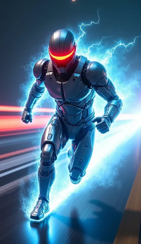 "A fully cybernetic speedster, infused with hyper-advanced technology, moves at impossible velocities, his entire body a blur of glowing neon circuits. His sleek metallic exoskeleton hums with energy, and his quantum thrusters ignite with bursts of blue li...