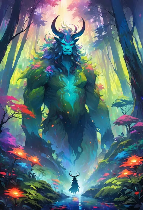 Giants that exist in the forest, Giants have elements of spirits, animals, and plants that exist in forests, An impressionist painting of Deidarabotchi the enormous forest spirit amidst a mystical foggy forest during a moonlit night, The scene is depicted ...