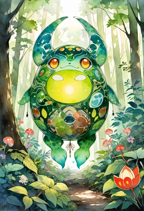 山のように大きな巨人Generate a vibrant and lively watercolor depiction of the mythical Daidarabotchi from ancient Japanese mythology standing majestically in an ancient forest, The Daidarabotchi should be illustrated as a colossal being with a body composed of vario...