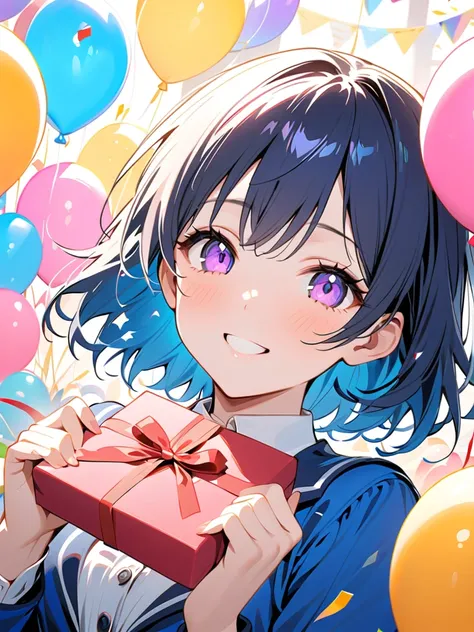 1 girl, masterpiece,  high resolution, accurate,  high detail, "short blue-haired high school girl, light purple eyes, smiling warmly, handing a wrapped gift to the viewer, cheerful and celebratory atmosphere, 'OGIN Happy Birthday!' written in cursive in t...