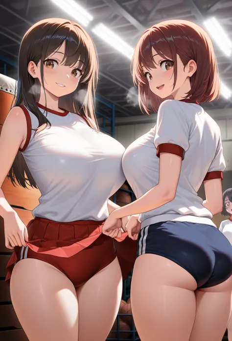 masterpiece, best quality, amazing quality, 2 girls side by side, , school gym uniform,white shirts,plain skirts, ((buruma)),(buruma in red skirts),the 2 girls are lifting up their skirts themselves, 18 years old, thick thighs,  sleeveless, (buruma:1.2), ,...