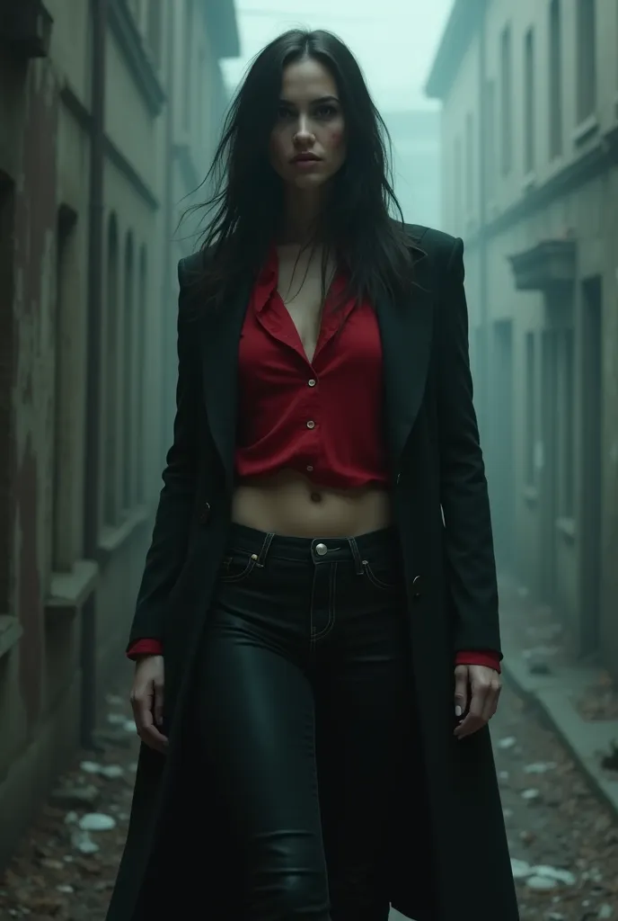 Female vampire demonic , with black coat and red shirt and jeans , look like Meghan markle, silent hill aesthetic 