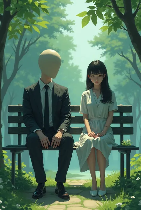 create a man sitting on a bench, with no head. sitting next to a woman. anime style 