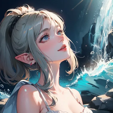 Night scene, close-up photo of Galadriel, small breasts, bathing near the waterfall, body soaked in water, lean cheeks, (sharp ears:1.2), wet hair, chin up, seductive face, no bra, stones, pure water, cleavage show, water on the body, realistic pores on th...