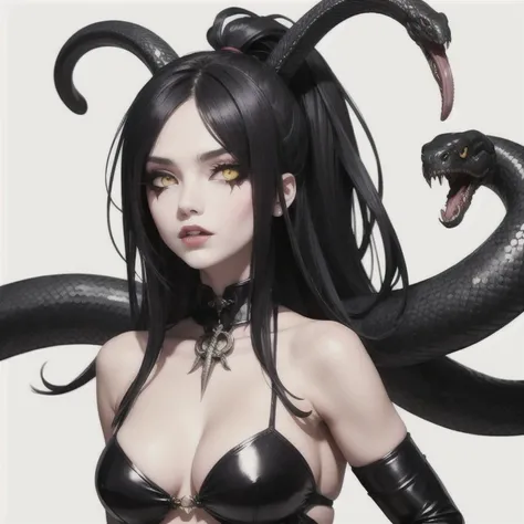 Evil demoness with a head of snake, snakes in her hair, yellow eyes
